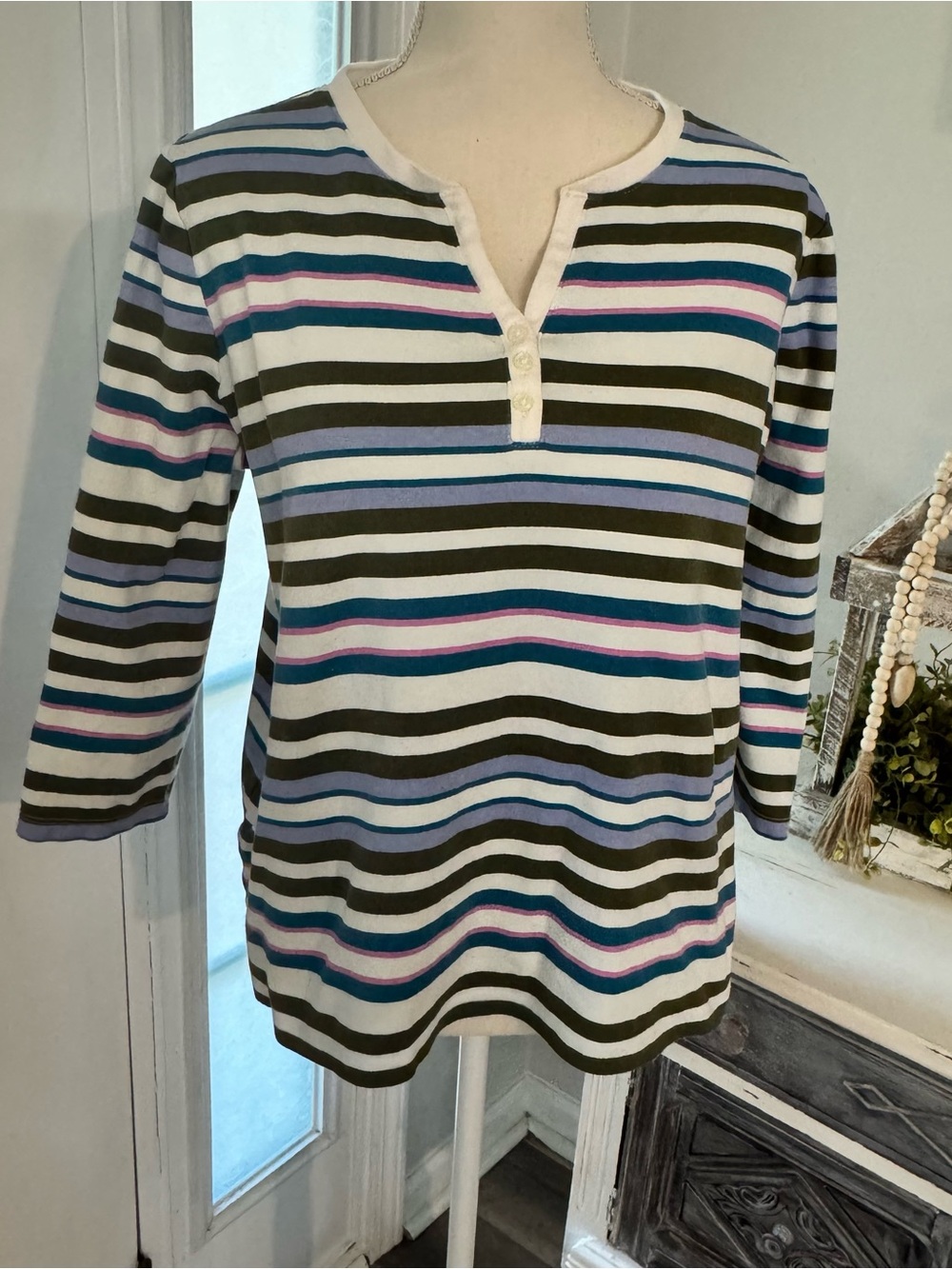 Kim Rogers Women’s Striped Split Neck Top 3/4 sleeves | Size Large